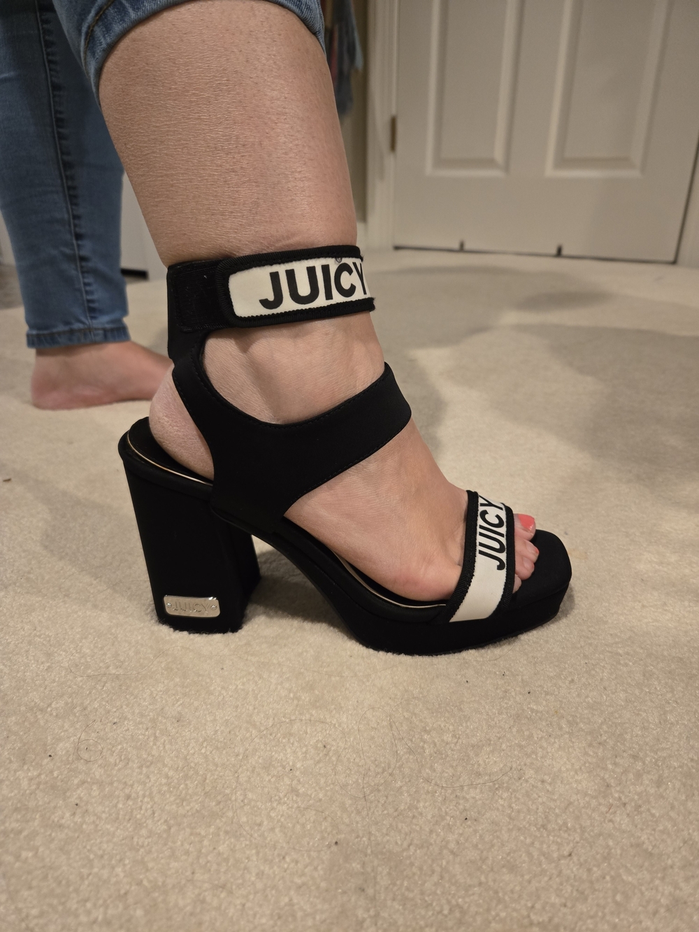 Juicy Couture Black and White Logo Block Heel Sandals